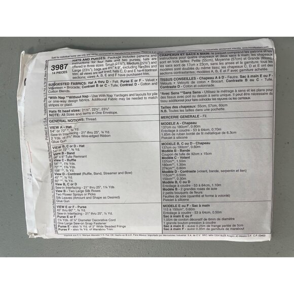 McCalls 3987 Fashion Accessories Hat Purse Sewing Pattern All Sizes Retro UNCUT - Picture 4 of 7